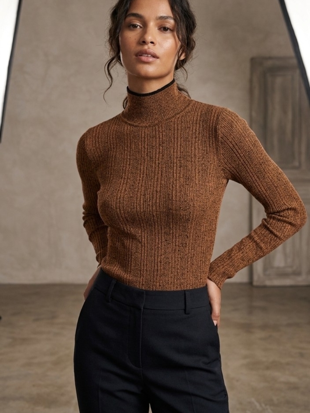 Veronica Beard Copper-Brown Ribbed Mock Neck Sweater